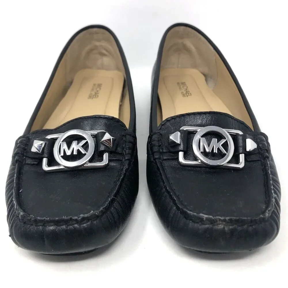 Michael Kors Lillian Loafer Womens Size 6 Black Leather Signature Silver MK Moc